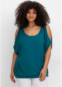 sheego Große Größen Shirt mit geschlitzten Ärmeln, dunkelpetrol, Größe 52/54 - Damen