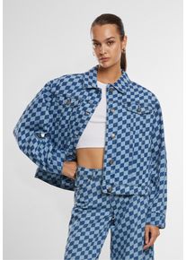 Urban Classics Damen Jeansjacke "Urban Classics Ladies 80‘s Oversized Laser Printed Denim Jacket"blaulasercheck, klassisch, Gr. 5XL, unifarben, 100%