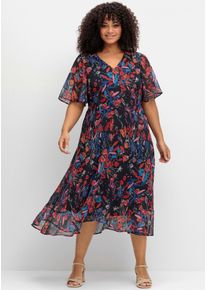 sheego Damen Chiffonkleid "Chiffonkleid", blau, Gr. 50, geblümt, gemustert, 100% Polyester, Kleider