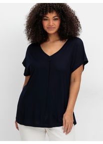 sheego Große Größen T-Shirt mit V-Ausschnitt und Zierpaspel vorne, tiefblau, Größe 48/50 - Damen