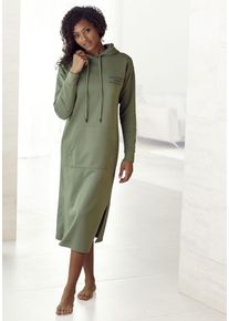 Buffalo Sweatkleid moosgrün Gr. 32/34 für Damen. V-Ausschnitt und Druck. Bequem. Nachhaltig.