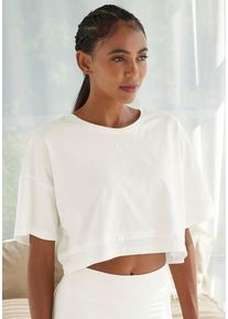 Lascana Kurzarmshirt beige Gr. XS (32/34) für Damen. Rundhals und Logostickerei. Lässig Geschnitten. Nachhaltig.