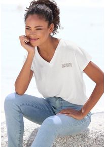 ELBSAND V-Shirt weiß Gr. XXL (44) für Damen. V-Ausschnitt und Logodruck. Figurumspielend. Nachhaltig.