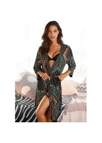 Kimono Lascana, Damen, Gr. 36/38, bunt (braun, gemustert), Viskose, bedruckt, mehrfarbig, Kurzform, Hausm&auml;ntel, mit Bindeg&uuml;rtel