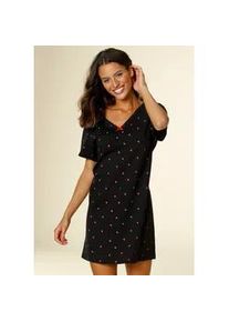 Nachthemd Vivance DREAMS, Damen, Gr. 32/34, N-Gr, schwarz (schwarz, schwarz), Single Jersey, Obermaterial: 100% Baumwolle, gemustert, bequem kurz, V-Ausschnitt, eingesetzt H&auml;kelkante, Kleider Nachthemd, mit Herzchen-Druck