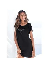 Nachthemd Lascana, Damen, Gr. 32/34, N-Gr, schwarz, Single Jersey, Obermaterial: 50% Baumwolle, 50% Viskose, unifarben, loose fit mini, Rundhals, angeschnitten,mit Aufschlag, Kleider Nachthemd, Mit Folien- oder Allover-Druck