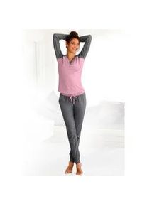 Schlafanzug Buffalo, Damen, Gr. 40/42, grau (rosa, anthrazit, meliert), Single Jersey, Obermaterial: 100% Baumwolle, meliert, Basic, bequem lang, V-Ausschnitt, Raglan&auml;rmel Rippb&uuml;ndchen, Homewear-Sets Schlafanzug, mit Zierkn&ouml;pfen