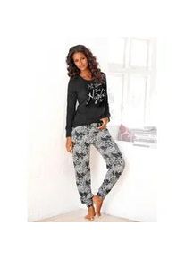 Pyjama Buffalo, Damen, Gr. 48/50, schwarz (schwarz, gemustert), Single Jersey, Obermaterial: 100% Baumwolle, unifarben, bequem lang, Rundhals, eingesetzt Rippb&uuml;ndchen, Homewear-Sets Pyjama, gemusterte Hose mit Eingrifftaschen, Topseller