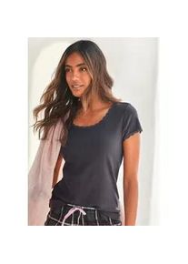 Pyjamaoberteil s.Oliver, Damen, Gr. 40/42, grau (graphit), Feinstrick, Obermaterial: 100% Baumwolle, unifarben, figurbetont, Rundhals, eingesetzt,eng Spitze, Shirts, aus Ajour-Strick