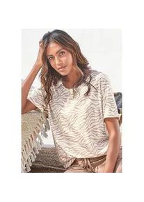 Pyjamaoberteil Lascana, Damen, Gr. 44/46, braun (ecru, nougat), Single Jersey, Obermaterial: 50% Baumwolle, 50% Viskose, gemustert, loose fit h&uuml;ftlang, Rundhals, eingesetzt Aufschlag, Shirts, in weicher Qualit&auml;t