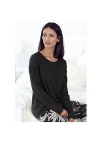 Pyjamaoberteil Lascana, Damen, Gr. 40/42, schwarz, Single Jersey, Obermaterial: 50% Baumwolle, 50% Viskose, unifarben, loose fit h&uuml;ftlang, Rundhals, Shirts, mit &uuml;berschnittenen Schultern