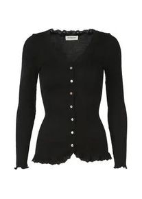 Strickjacke rosemunde "Babette Silk Cardigan", Damen, Gr. L, schwarz, Feinripp, Obermaterial: 70% Seide, 30% Baumwolle, unifarben, h&uuml;ftlang, V-Ausschnitt, gewellter Abschluss, Strickjacken Strickjacke, Vintage-Spitzenbesatz, Perlmuttknopfleiste, Langarm, Seidenmix