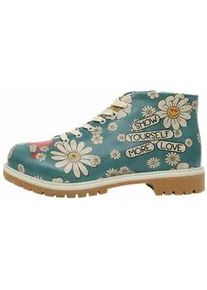 Stiefel DOGO "Shortcut Boots Hedge-Hug Damen Stiefeletten, Shortcut Boots", Damen, Gr. 36, Normalschaft, blau (blau, beige), Lederimitat, Schuhe Stiefel, Handgefertigt