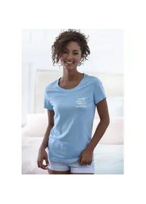 Pyjamaoberteil s.Oliver, Damen, Gr. 36/38, blau (himmelblau), Single Jersey, Obermaterial: 50% Baumwolle, 50% Viskose, unifarben, Basic, bequem h&uuml;ftlang, Rundhals, eingesetzt abgesteppt, Shirts, mit Front Print