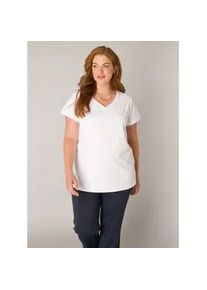 V-Shirt Base Level Curvy "Lilly", Damen, Gr. 50, wei&szlig;, Single Jersey, Obermaterial: 75% Polyamid, 25% Elasthan, unifarben, bequem h&uuml;ftbedeckend, V-Ausschnitt, Shirts, mit Stretch