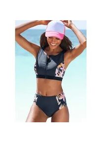 Crop-Bikini-Top Lascana ACTIVE "Wave", Damen, Gr. 38, N-Gr, blau (nachtblau bedruckt), Recycling-Polyamid, bedruckt, Bikini-Oberteile, mit Rei&szlig;verschlu&szlig; vorn