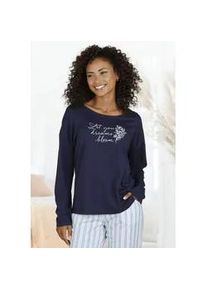 Pyjamaoberteil Vivance DREAMS, Damen, Gr. 32/34, blau (marine), Single Jersey, Obermaterial: 50% Baumwolle, 50% Viskose, bedruckt, loose fit h&uuml;ftlang, Rundhals, eingesetzt, Shirts, mit Frontdruck