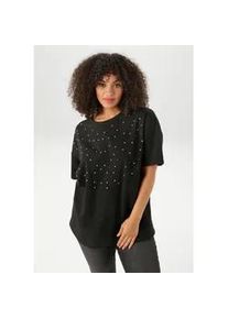 Kurzarmshirt ANISTON PLUS, Damen, Gr. 46, schwarz, angeraute Sweatware, Obermaterial: 80% Baumwolle, 20% Polyester, unifarben, oversize Po-bedeckend, Rundhals, Shirts, mit Nieten Applikation verziert, Topseller