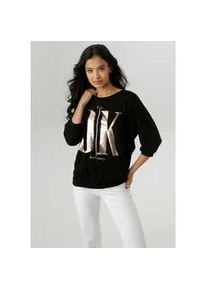 3/4-Arm-Shirt Aniston SELECTED, Damen, Gr. 38, wei&szlig; (schwarz, gold, wei&szlig;), Single Jersey, Obermaterial: 95% Viskose, 5% Elasthan, bedruckt, gemustert, l&auml;ssig geschnitten h&uuml;ftbedeckend, Rundhals, Shirts 3/4-Arm-Shirt, mit wei&szlig;en und goldfarbigen Statements