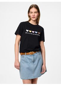 Pieces Damen Kurzarmshirt "PCMARIA SS O-NECK TEE BC MM JRS"schwarz print:multi hearts, modisch, Gr. XS, bedruckt, Jersey, Obermaterial: 100%