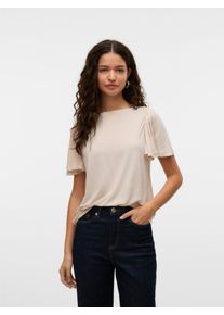 Véro Moda VERO MODA Damen Kurzarmshirt "VMPALOMA ONELLA SS BOATNECK TOP VMA NOOS", beige, modisch, Gr. L, unifarben, Jersey, Obermaterial: 88% Polyester, 12%