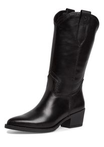 Tamaris Damen Westernstiefel, Gr. 36, schwarz, Glattleder, unifarben, modisch, Schuhe, Blockabsatz, Langschaftstiefel mit Ziernähten, in spitzer Form