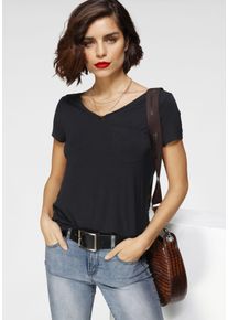 Tamaris Damen T-Shirt, schwarz, Basic, Gr. 48, Jersey, Obermaterial: 95% Viskose, 5% Elasthan, Shirts, Kurzarm, lässige Passform, aus elastischem