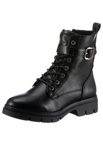 Tamaris Damen Schnürboots, Gr. 37, schwarz, Lederimitat, unifarben, modisch, Schuhe, mit Zierriemchen in Reptilienprägung und Schnalle
