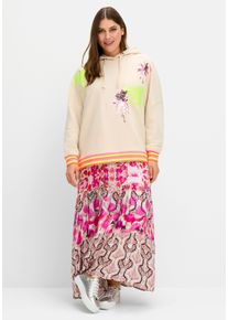 sheego loves miss goodlife sheego Gro&szlig;e Gr&ouml;&szlig;en Kapuzensweatshirt mit Palmenprints und Ringelb&uuml;ndchen, pink-gemustert, Gr&ouml;&szlig;e 50 - Damen