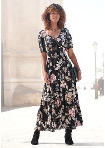 Lascana Maxikleid schwarz Gr. 34 für Damen. V-Ausschnitt und Allover-Druck. Figurumspielend. Nachhaltig.