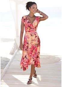 Beach Time BEACHTIME Sommerkleid pink Gr. 34 für Damen. V-Ausschnitt und Allover-Druck. Figurbetont. Nachhaltig.