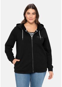 Große Größen Sweatjacke mit Kapuze und kleinem Brust-Print Gr. 52/54 schwarz von sheego für Damen