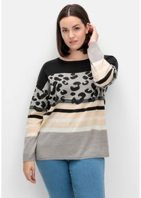 Große Größen Jacquard-Pullover im Mustermix, mit Animalprint Gr. 50 schwarz gestreift von sheego für Damen
