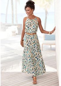 Lascana Maxikleid beige Gr. 34 für Damen. Amerikanischer Ausschnitt und Allover-Druck. Figurumspielend. Nachhaltig.