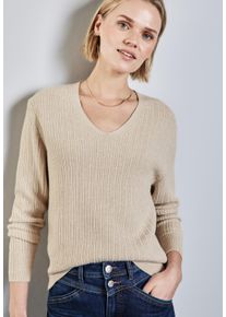 Street One Damen V-Ausschnitt-Pullover, beige, casual, Gr. 40, meliert, Strukturmuster, Feinstrick, Obermaterial: 50% Viskose, 28% Polyester, 22%