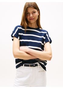 Tommy Hilfiger Damen Kurzarmshirt "GOLD BUTTON MDRN C-NK SS TEE"schwarz night navy, ivory silk stp, casual, Gr. XS, gestreift, Single Jersey,