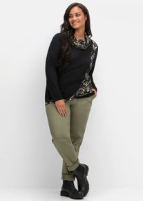 sheego Große Größen Print-Shirt in Wickeloptik mit halsfernem Rollkragen, schwarz-ocker-bedruckt, Größe 48 - Damen