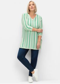 sheego Gro&szlig;e Gr&ouml;&szlig;en Ajourpullover mit Streifen, gr&uuml;n-offwhite, Gr&ouml;&szlig;e 56/58 - Damen