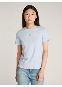 Damen T-Shirt "WOVEN LABEL REGULAR TEE"niagara mist, Basic, Gr. XS, Calvin Klein Jeans, unifarben, Jersey, Obermaterial: 100% Baumwolle, Shirts, mit