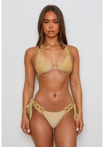 MODA MINX Damen Bikini-Hose "Lumiere Boujee", gold, Gr. XL, unifarben, 85% Polyester, 8% Elasthan, 7% Metall, Badehosen, mit Rüscheneffekt hinten