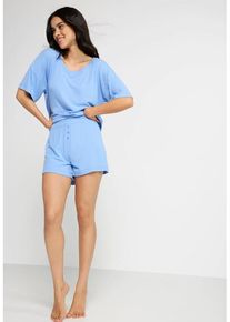 LSCN BY LASCANA Shorty blau Gr. 36/38 für Damen. Rundhals und Zierknöpfe. Oversize