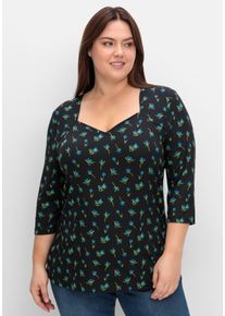 Große Größen 3/4-Arm-Shirt mit Blumenprint und Herzausschnitt Gr. 40/42 schwarz geblümt von sheego für Damen