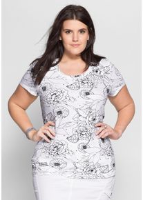 Große Größen T-Shirt mit Blütendruck und Ärmelaufschlag Gr. 44/46 weiß von sheego für Damen