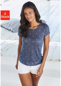 Beach Time Große Größen Doppelpack T-Shirts Gr. 44/46 beige/blau bedruckt für Damen