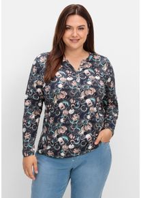 Große Größen Langarmshirt mit Alloverprint und kurzer Knopfleiste Gr. 48 grau von sheego für Damen