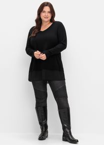 sheego Gro&szlig;e Gr&ouml;&szlig;en V-Ausschnitt-Pullover mit Chiffon am Saum, schwarz, Gr&ouml;&szlig;e 40/42 - Damen
