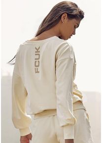 FCUK Sweatshirt beige Gr. 44/46 für Damen. Tiefer V-Ausschnitt und Logodrucke, Print. Lässig Geschnitten. Nachhaltig.