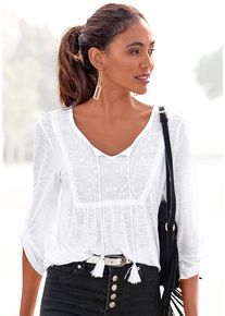 Buffalo Strandshirt weiß Gr. 32/34 für Damen. Rundhals und Quasten, Stickerei. Figurumspielend