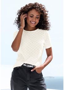 Vivance Kurzarmshirt 'mit modischem Ajour-Muster' beige Gr. 32/34 für Damen. Mit Rundhals. Figurumspielend