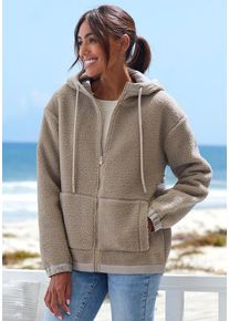 ELBSAND Fleecejacke taupe Gr. 36 für Damen. Mit Schriftzug, Stickereien. Gerade. Nachhaltig.
